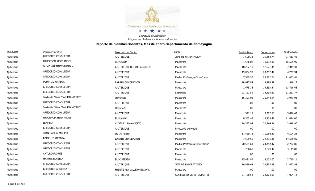 Reporte De Planillas Docentes, Mes De Enero Departamento De Comayagua