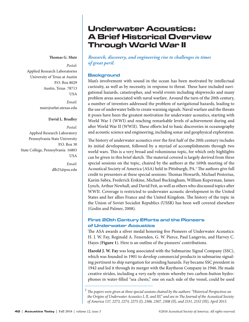 Underwater Acoustics: a Brief Historical Overview Through World War II