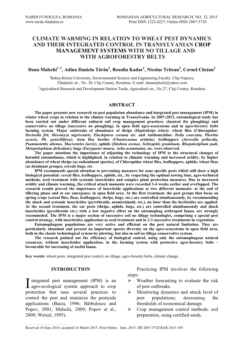 Climate Warming in Relation to Wheat Pest Dynamics and Their Integrated Control in Transylvanian Crop Management Systems with No Tillage and with Agroforestry Belts