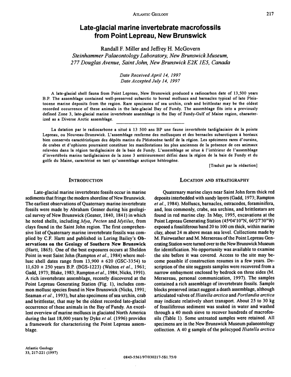 Late-Glacial Marine Invertebrate Macrofossils from Point Lepreau, New Brunswick