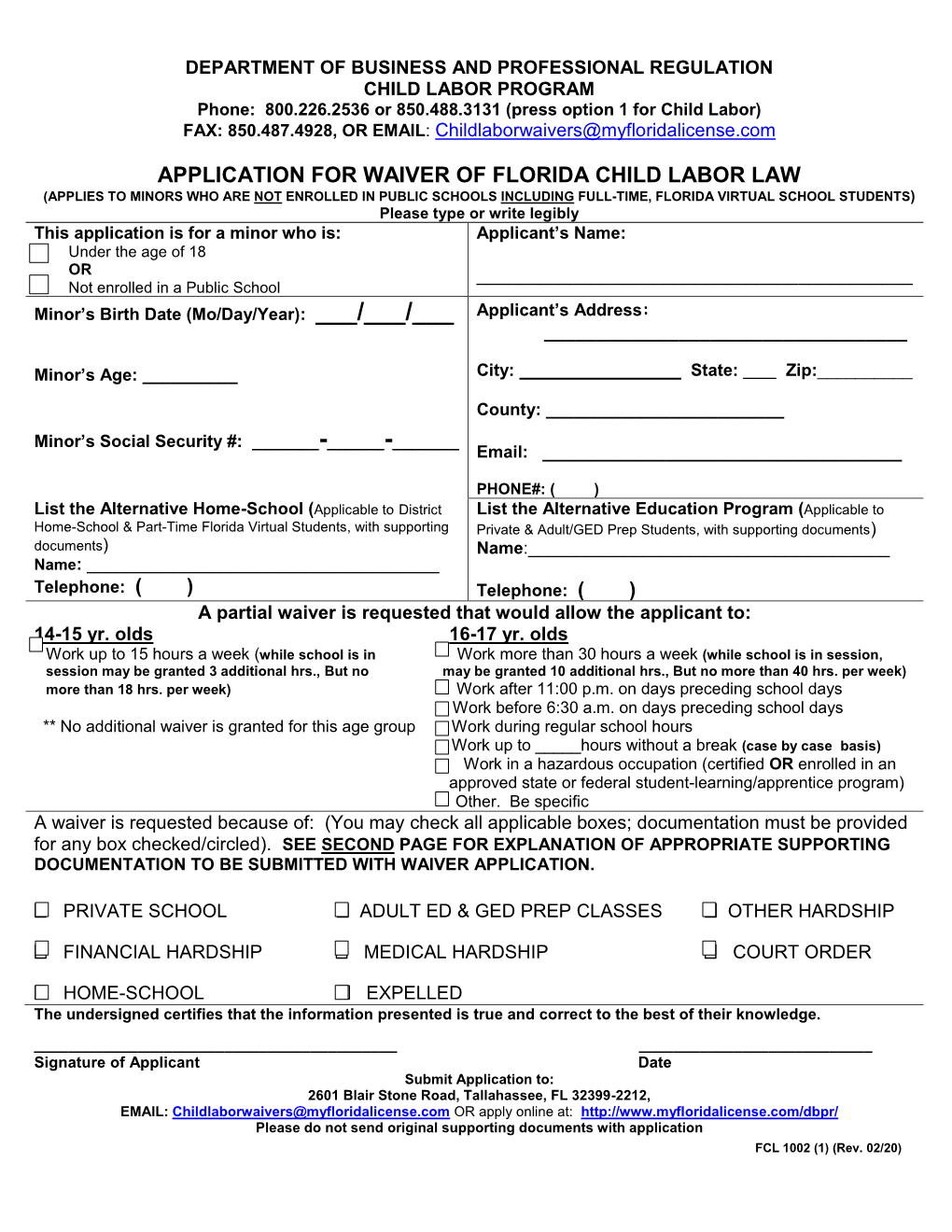 Application for Waiver of Florida Child Labor