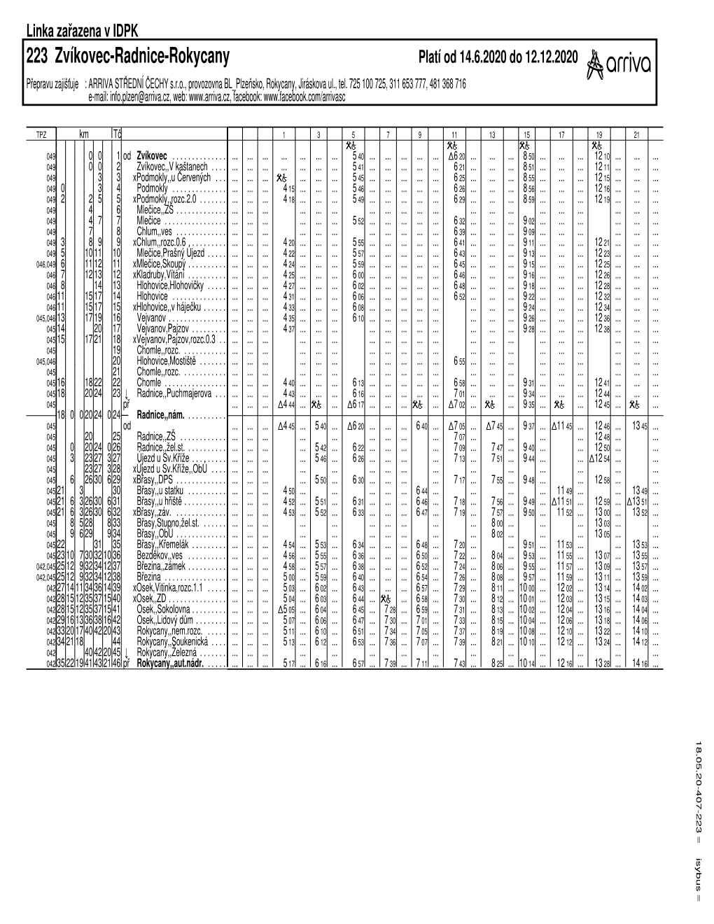 223 Zvíkovec-Radnice-Rokycany Platí Od 14.6.2020 Do 12.12.2020