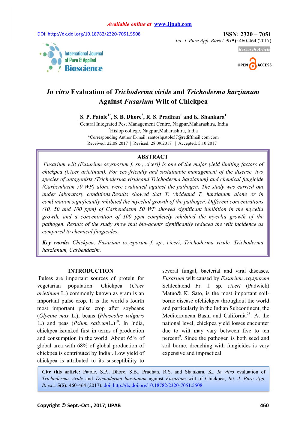 In Vitro Evaluation of Trichoderma Viride and Trichoderma Harzianum Against Fusarium Wilt of Chickpea