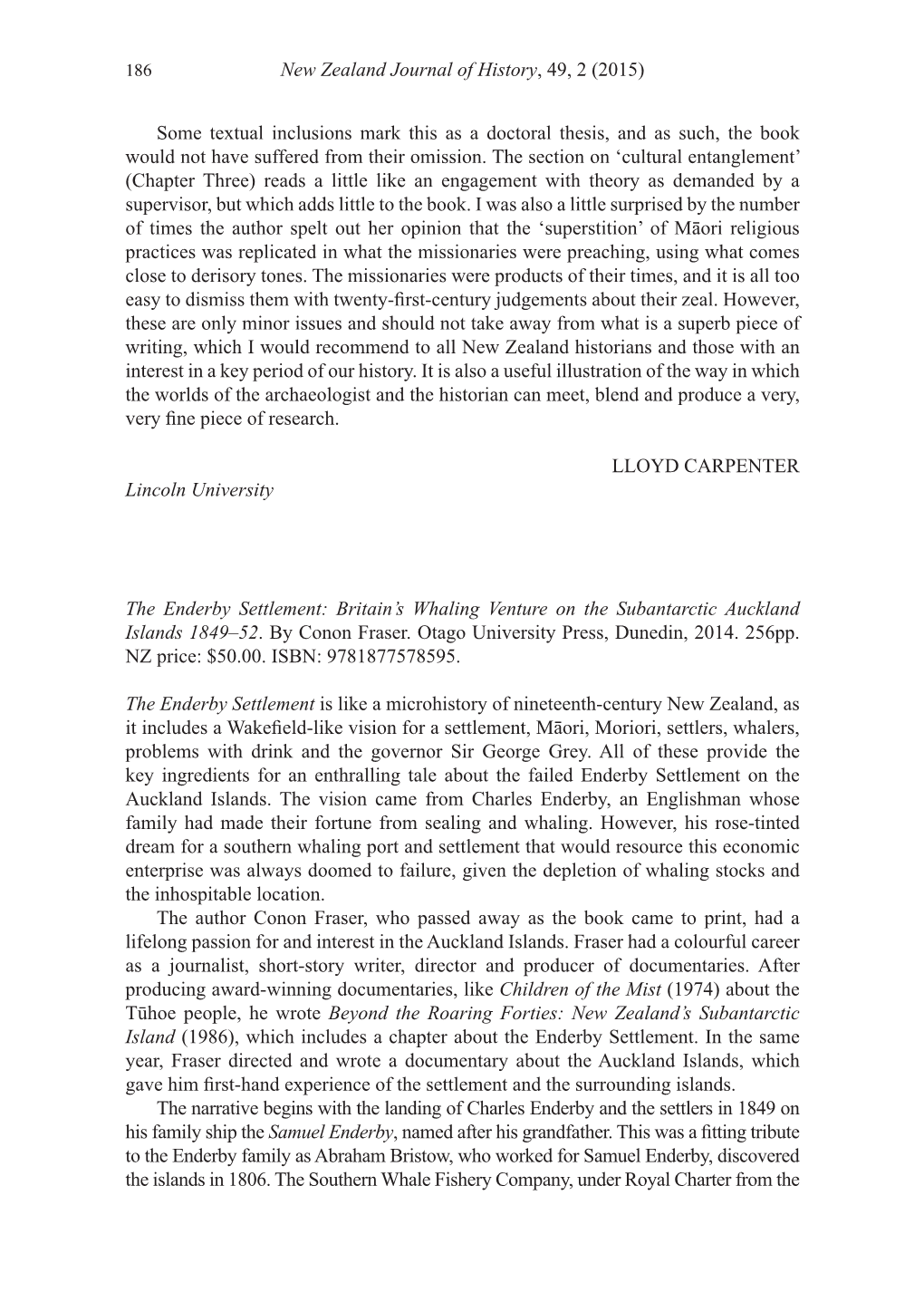 New Zealand Journal of History, 49, 2 (2015) Some Textual Inclusions