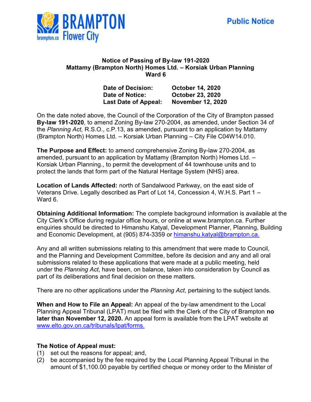 Notice of Passing of By-Law 191-2020 Mattamy (Brampton North) Homes Ltd