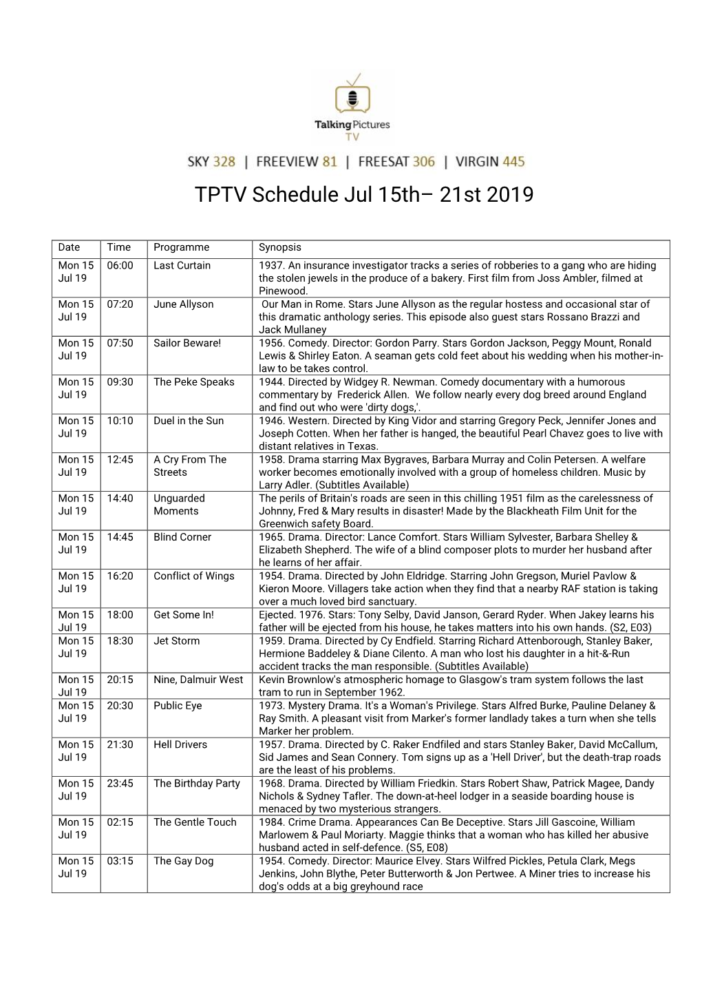 TPTV Schedule Jul 15Th– 21St 2019