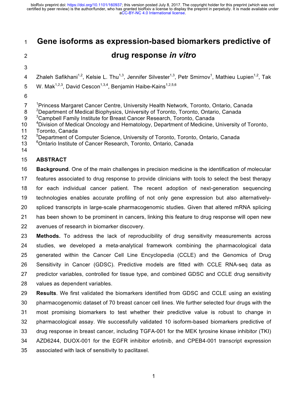 Gene Isoforms As Expression-Based Biomarkers Predictive of Drug Response in Vitro