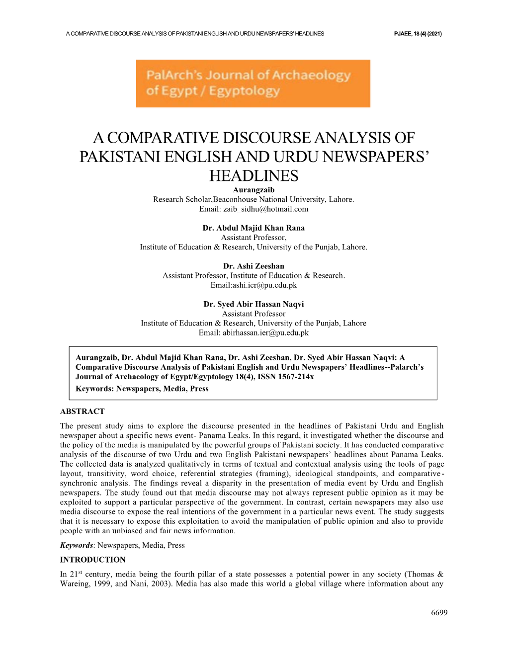 A Comparative Discourse Analysis of Pakistani English and Urdu Newspapers’ Headlines Pjaee, 18 (4) (2021)