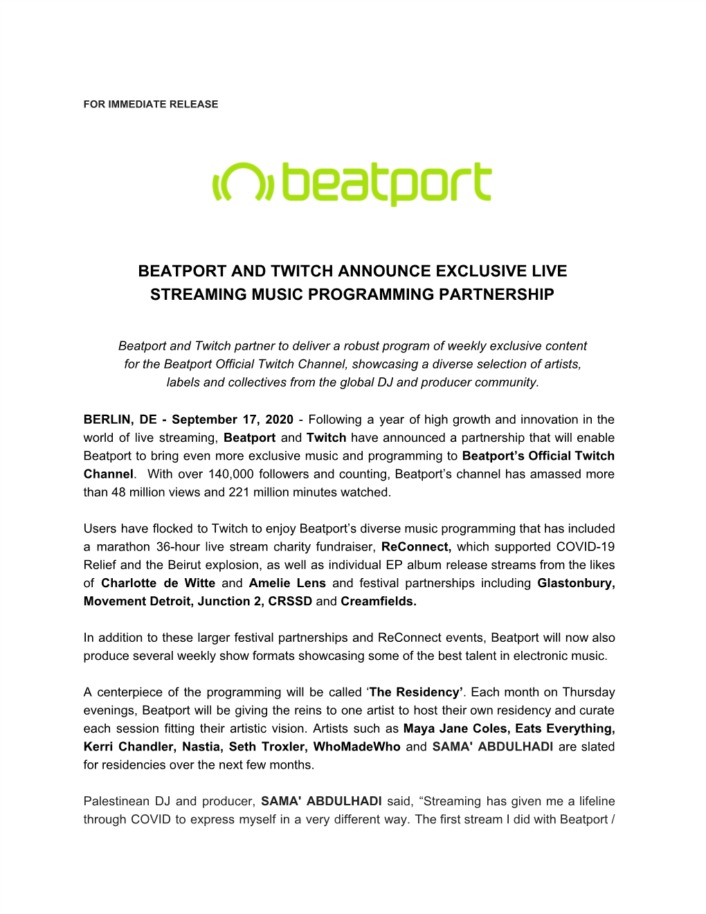 Beatport and Twitch Announce Exclusive Live Streaming Music Programming Partnership