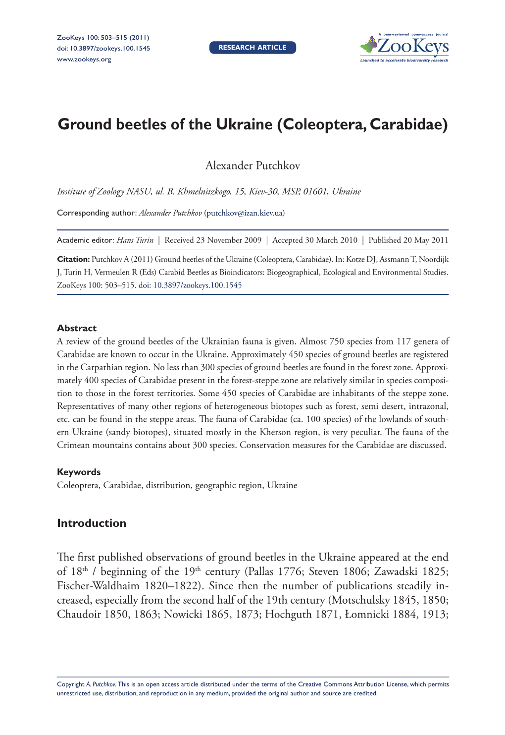 Ground Beetles of the Ukraine (Coleoptera, Carabidae)