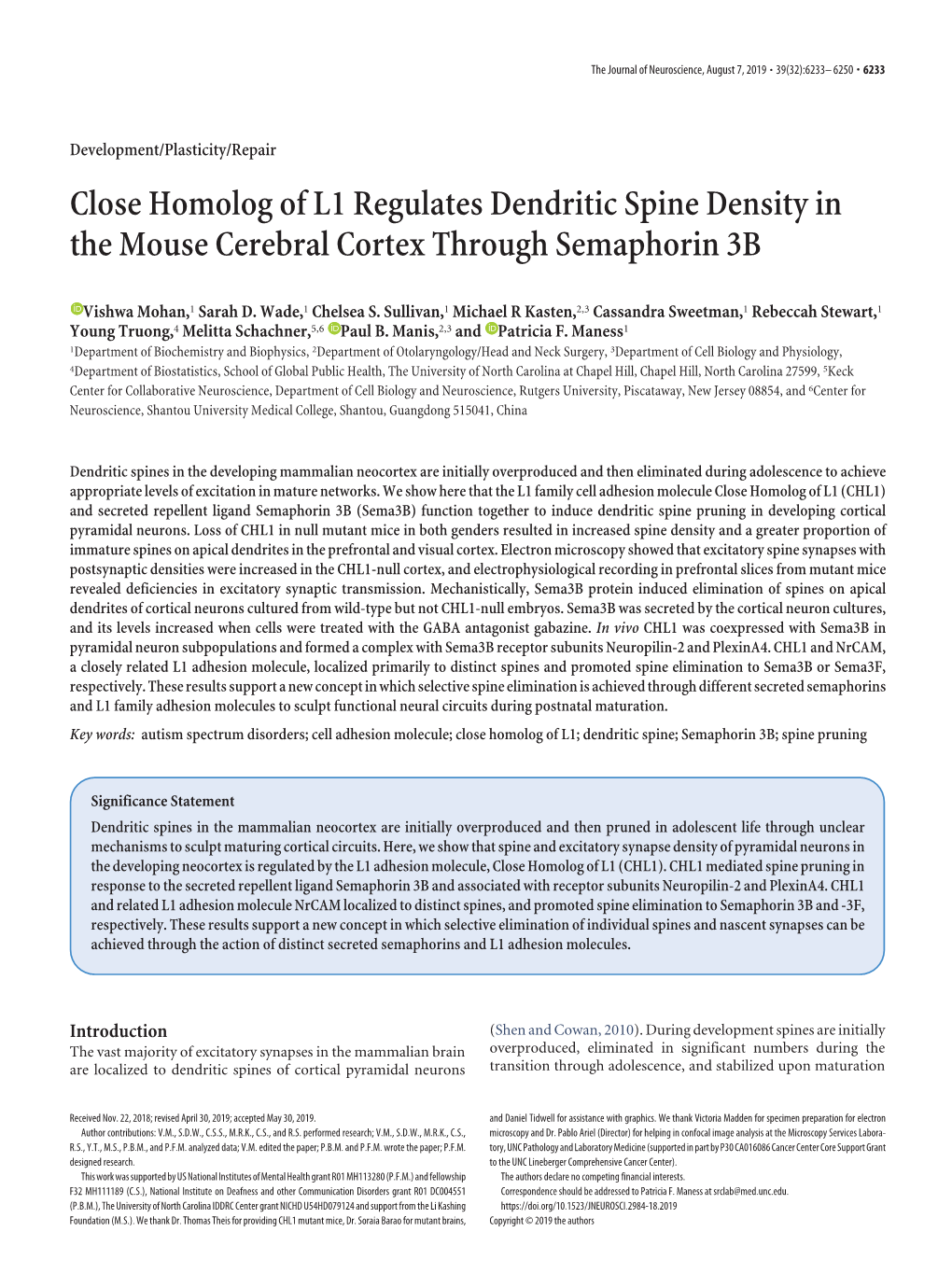 Close Homolog of L1 Regulates Dendritic Spine Density in the Mouse Cerebral Cortex Through Semaphorin 3B