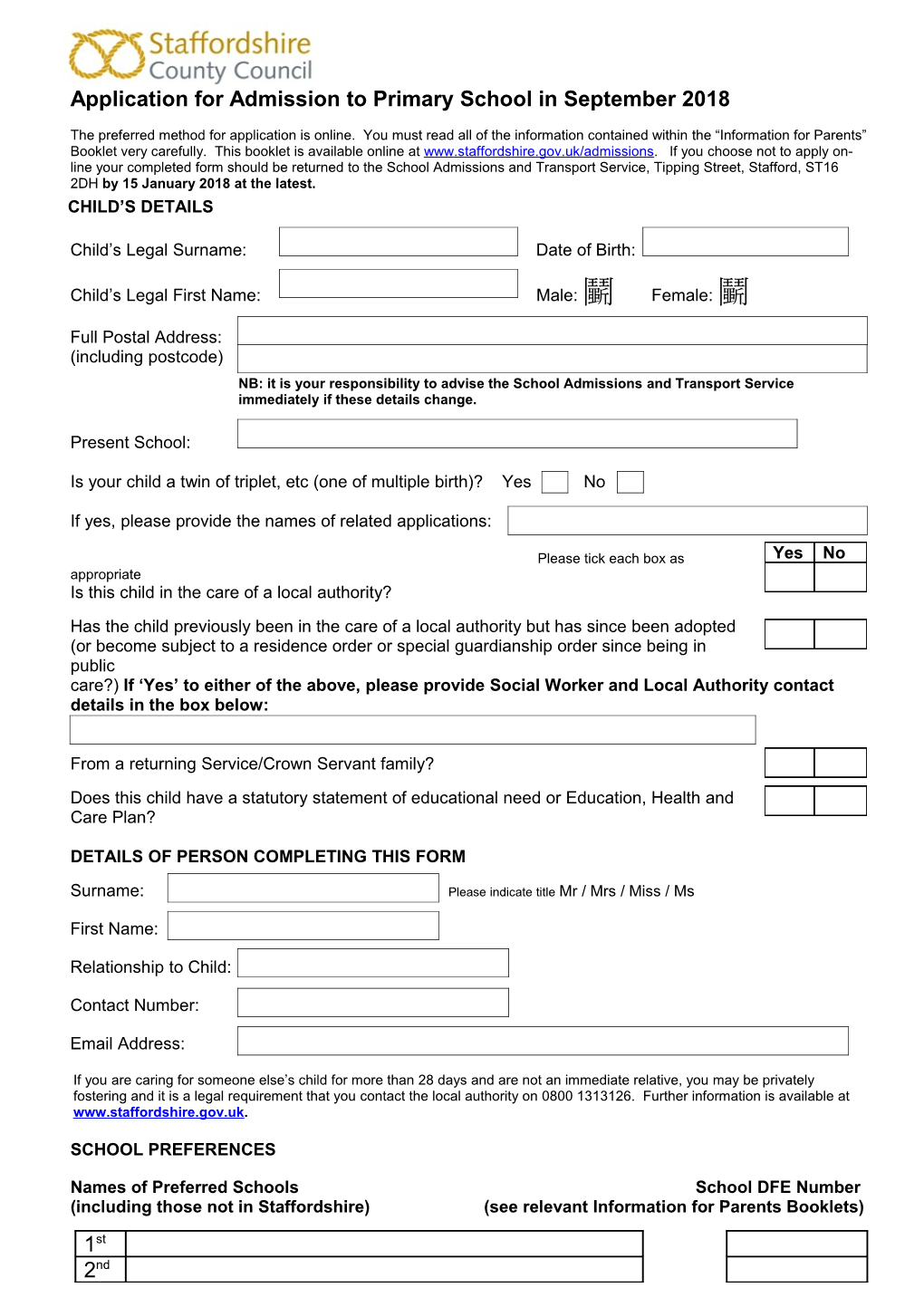 Application for Admission to Primary School in September 2018