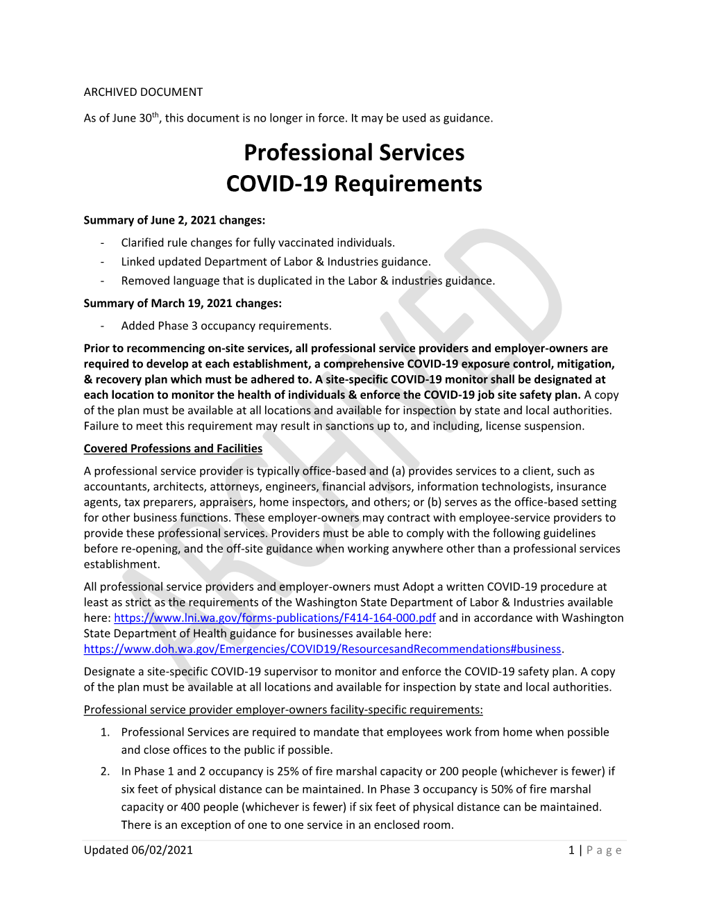 Professional Services COVID-19 Requirements