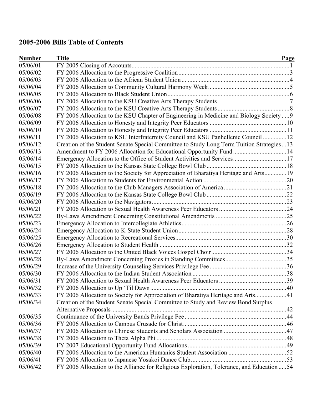 2004-2005 Bills Table of Contents