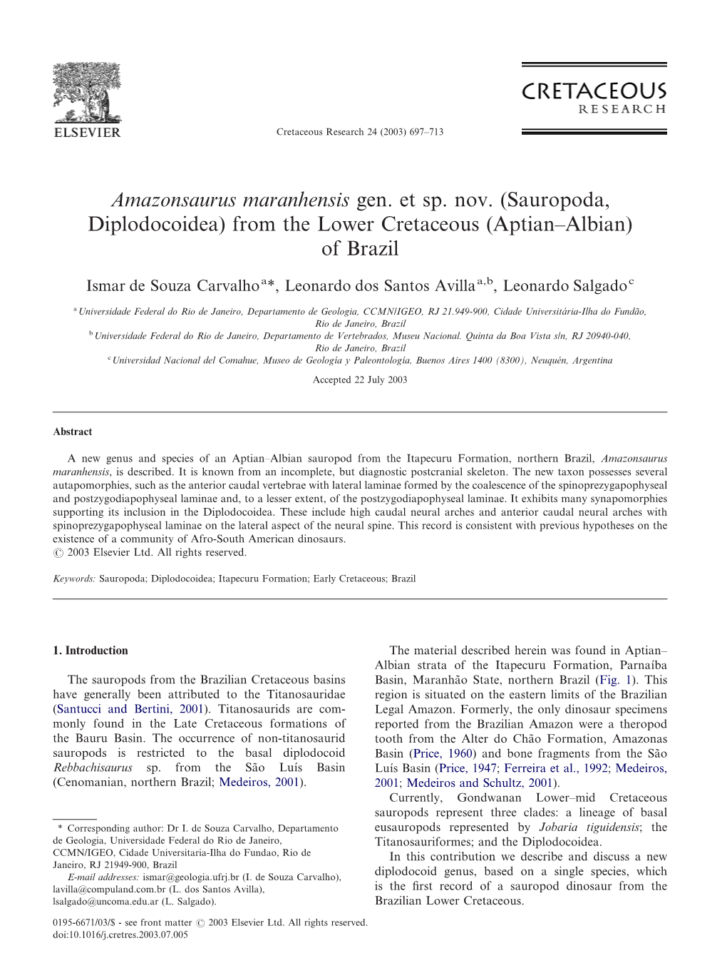 Amazonsaurus Maranhensis Gen. Et Sp. Nov. (Sauropoda, Diplodocoidea) from the Lower Cretaceous (Aptian–Albian) of Brazil