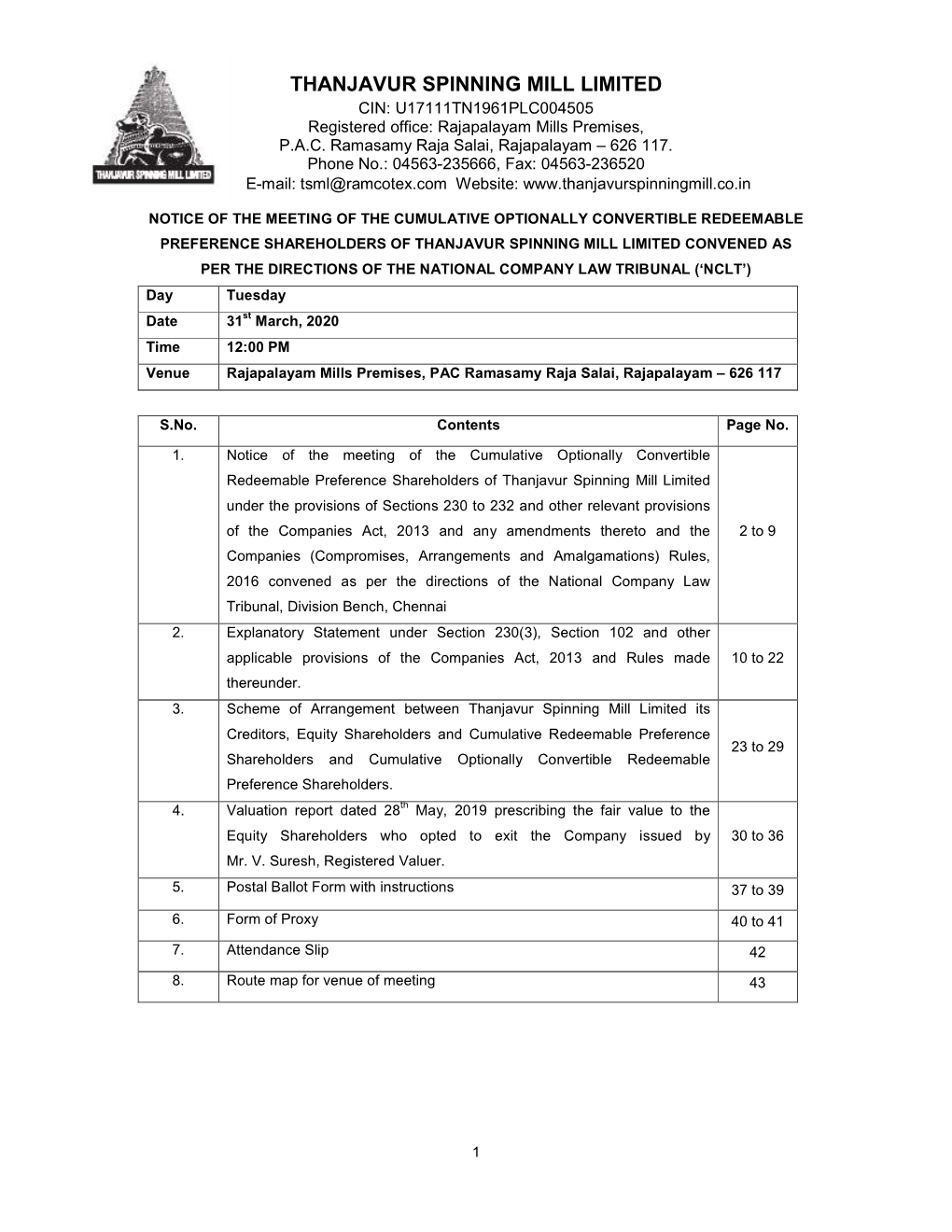 Notice of NCLT Convened Cumulative Optionally Convertible Redeemable