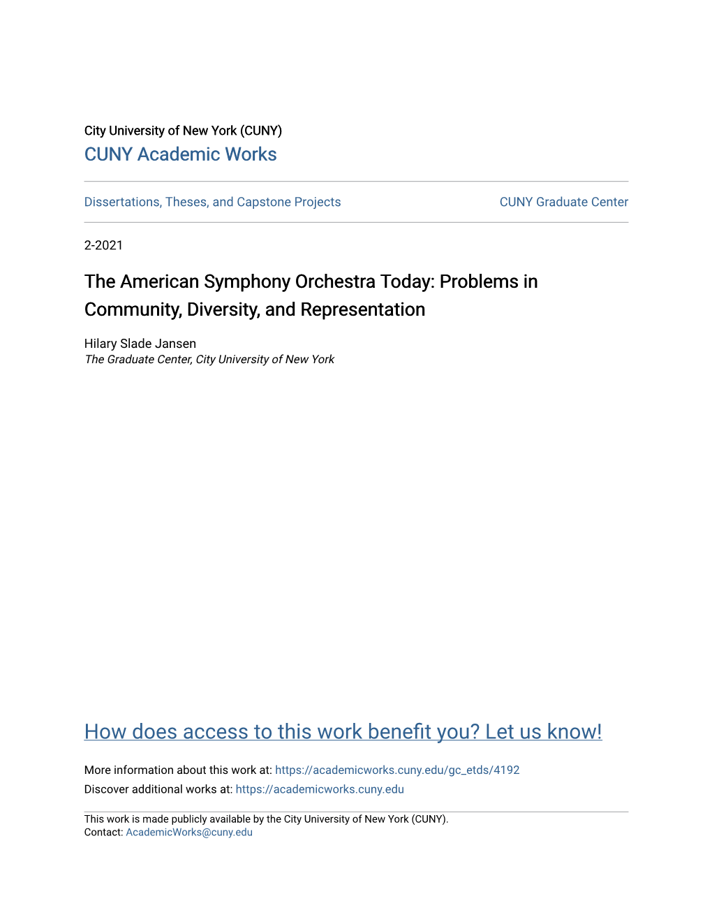 The American Symphony Orchestra Today: Problems in Community, Diversity, and Representation