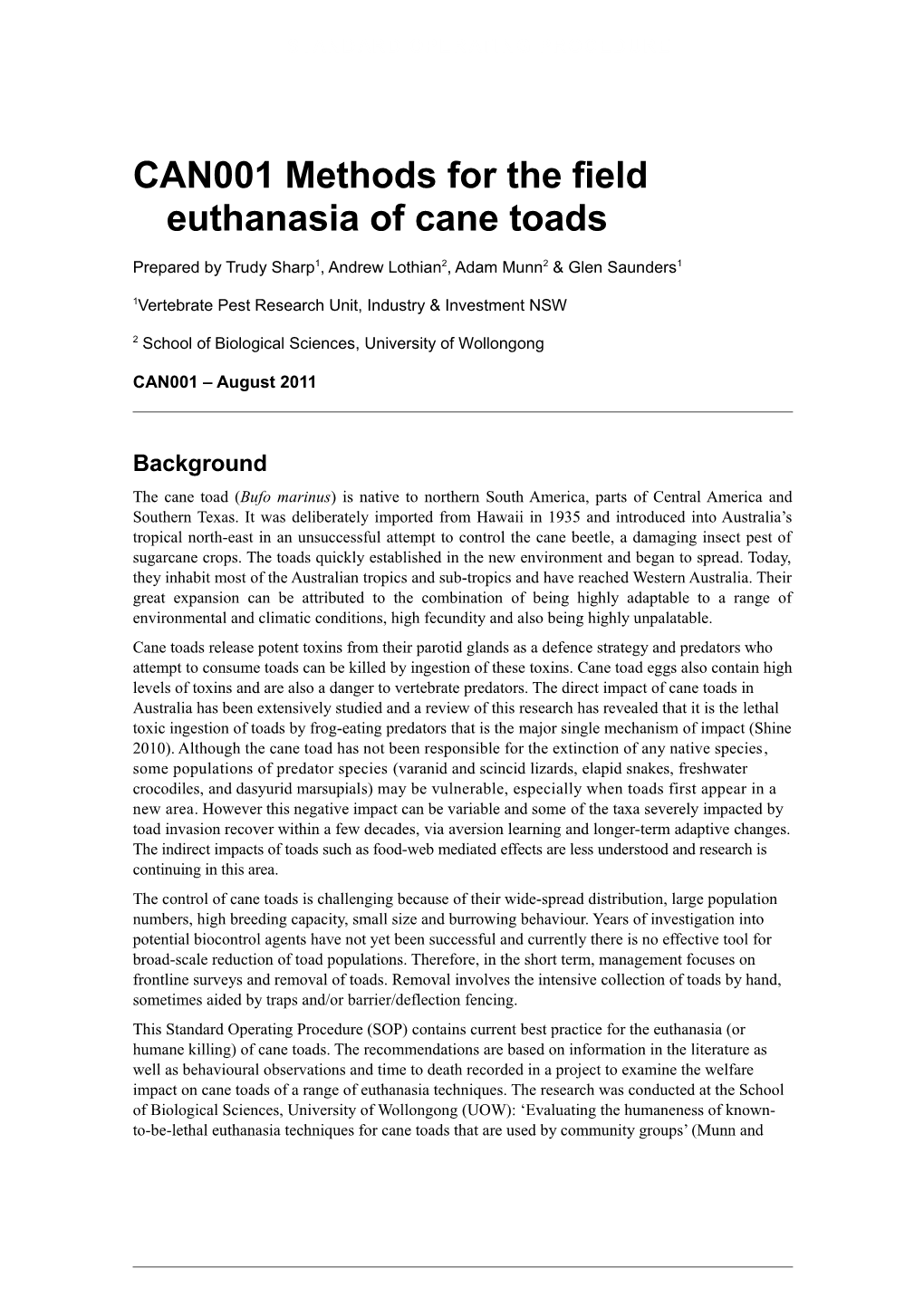 CAN001 Methods for the Euthanasia of Cane Toads