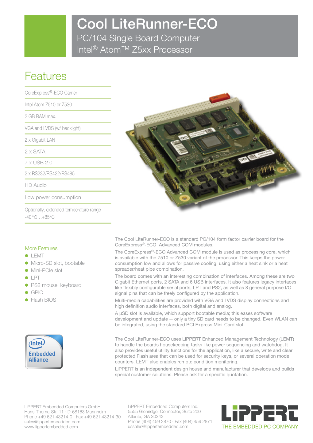 Cool Literunner-ECO PC/104 Single Board Computer Intel® Atom™ Z5xx Processor