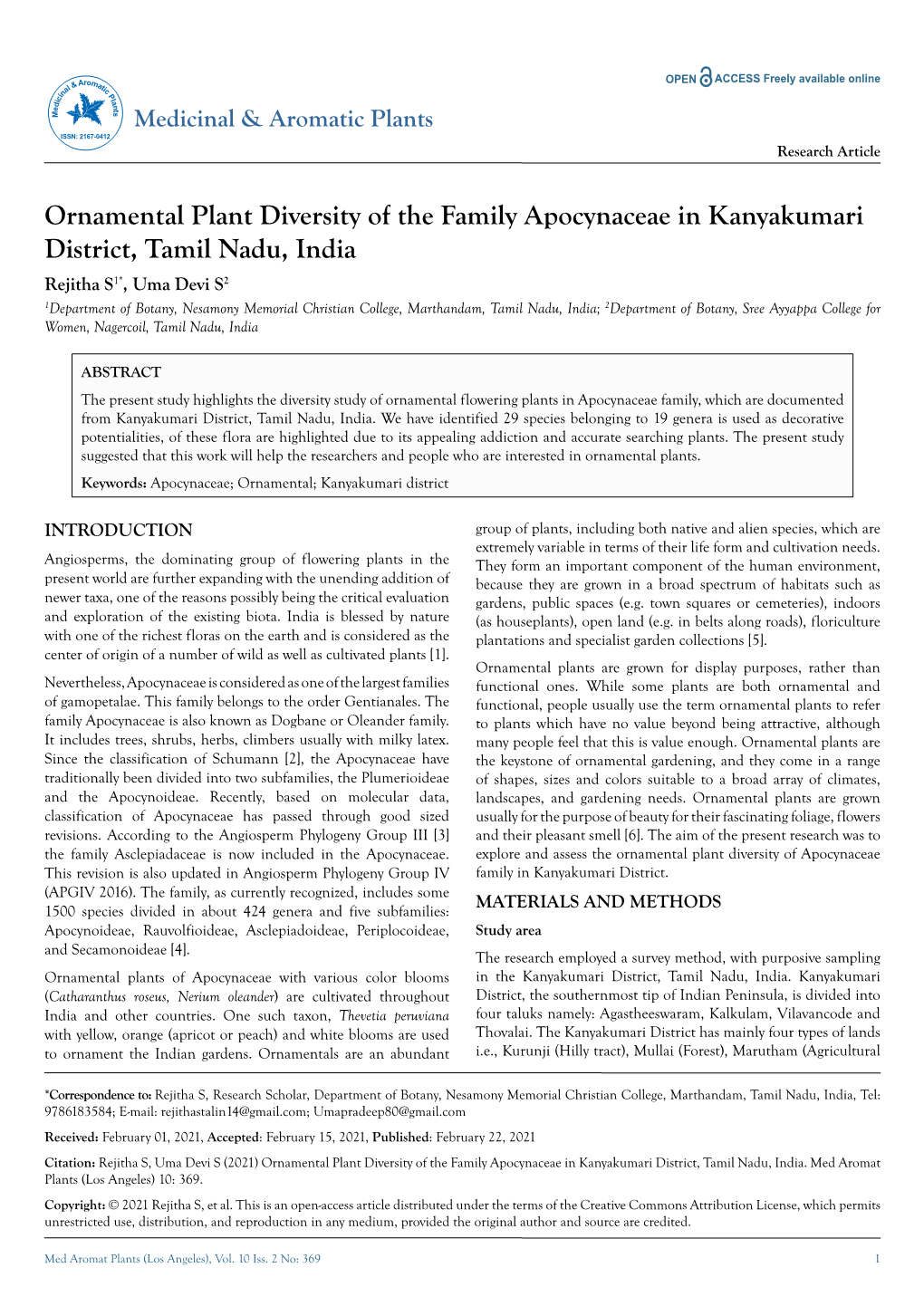 Ornamental Plant Diversity of the Family Apocynaceae In