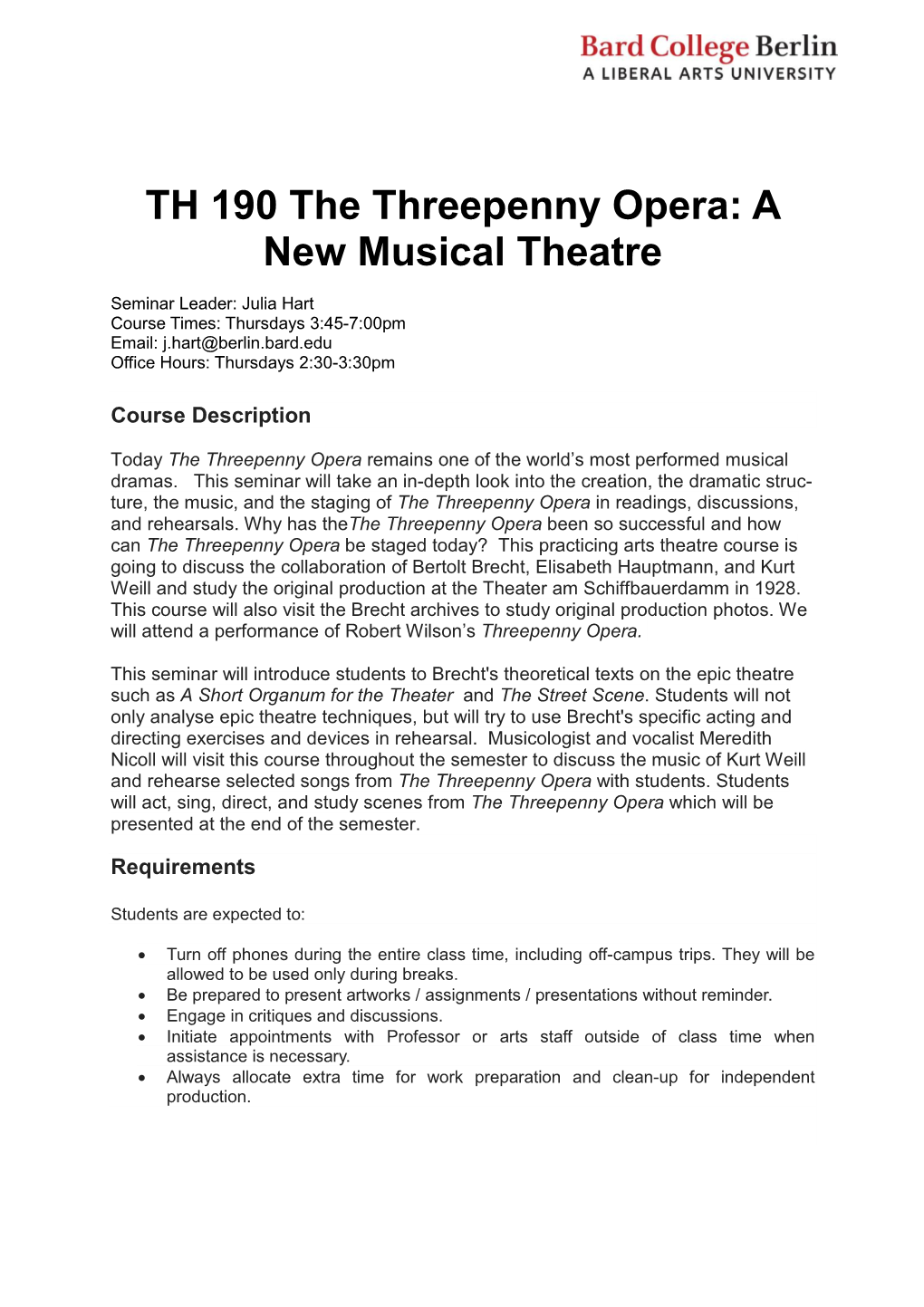 TH 190 the Threepenny Opera: a New Musical Theatre