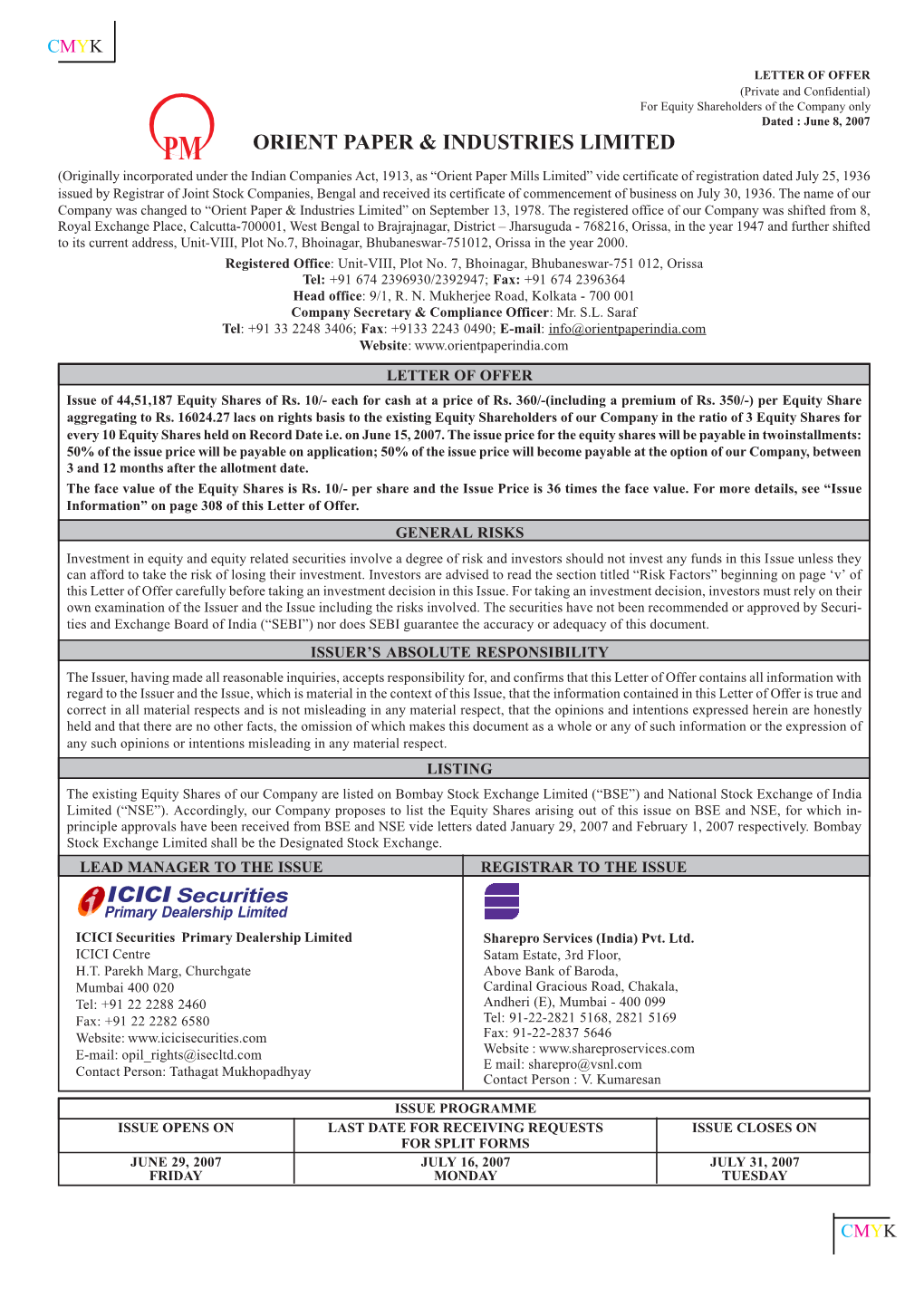 Right Issue of Equity Shares of the Company