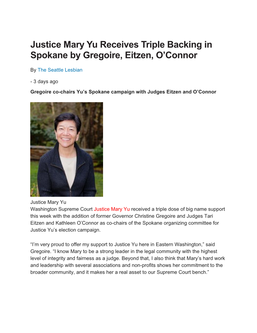 Justice Mary Yu Receives Triple Backing in Spokane by Gregoire, Eitzen, O’Connor