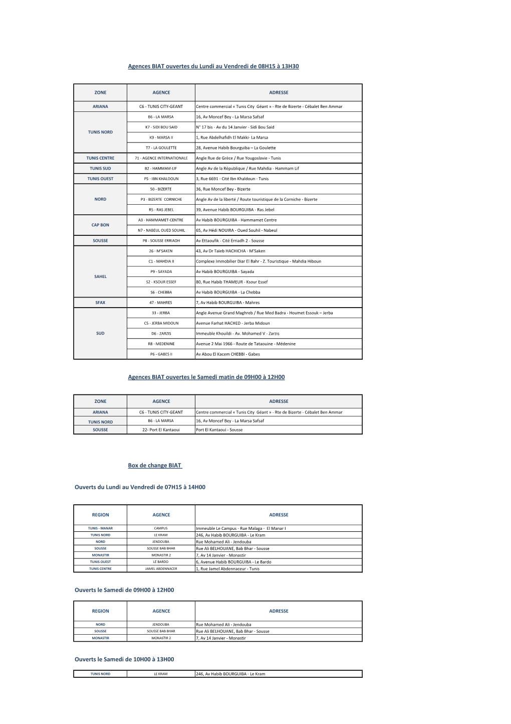 Aménagement15 Horaire Agences 2015X