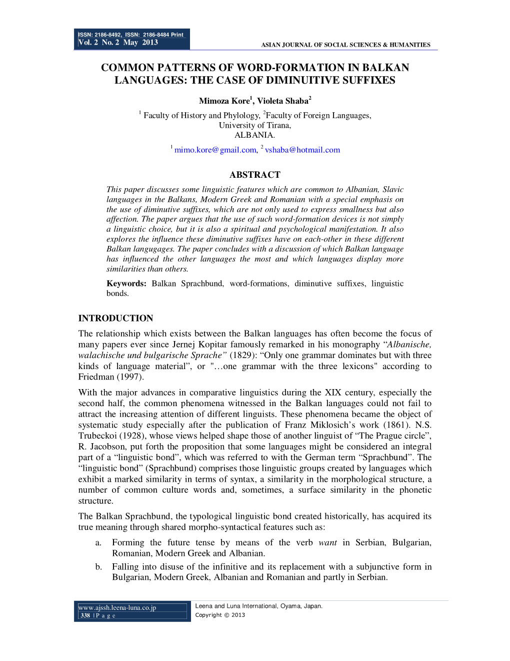 Common Patterns of Word-Formation in Balkan Languages: the Case of Diminuitive Suffixes