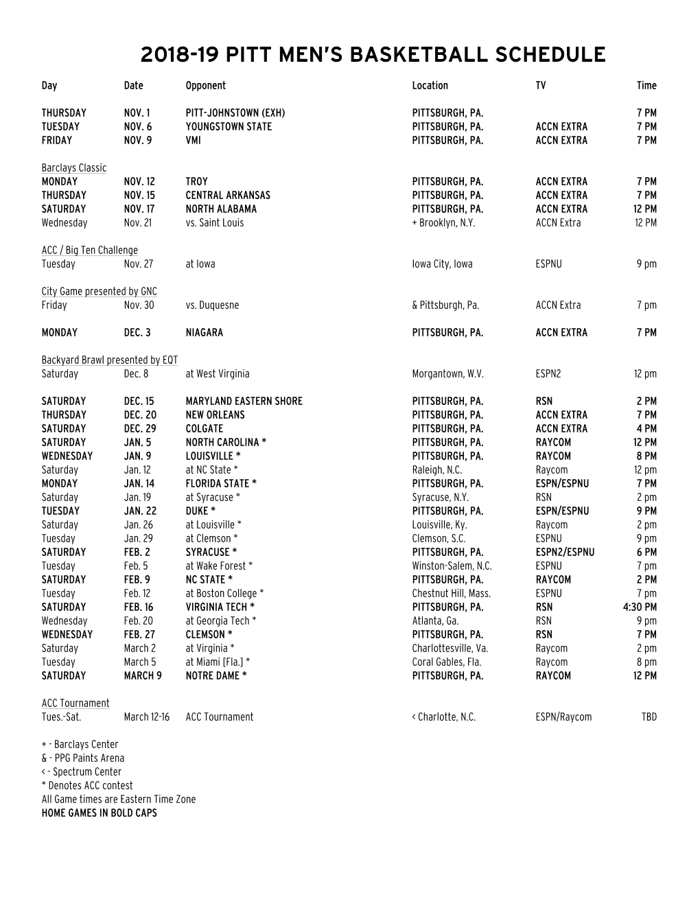 2018-19 Pitt Men's Basketball Schedule