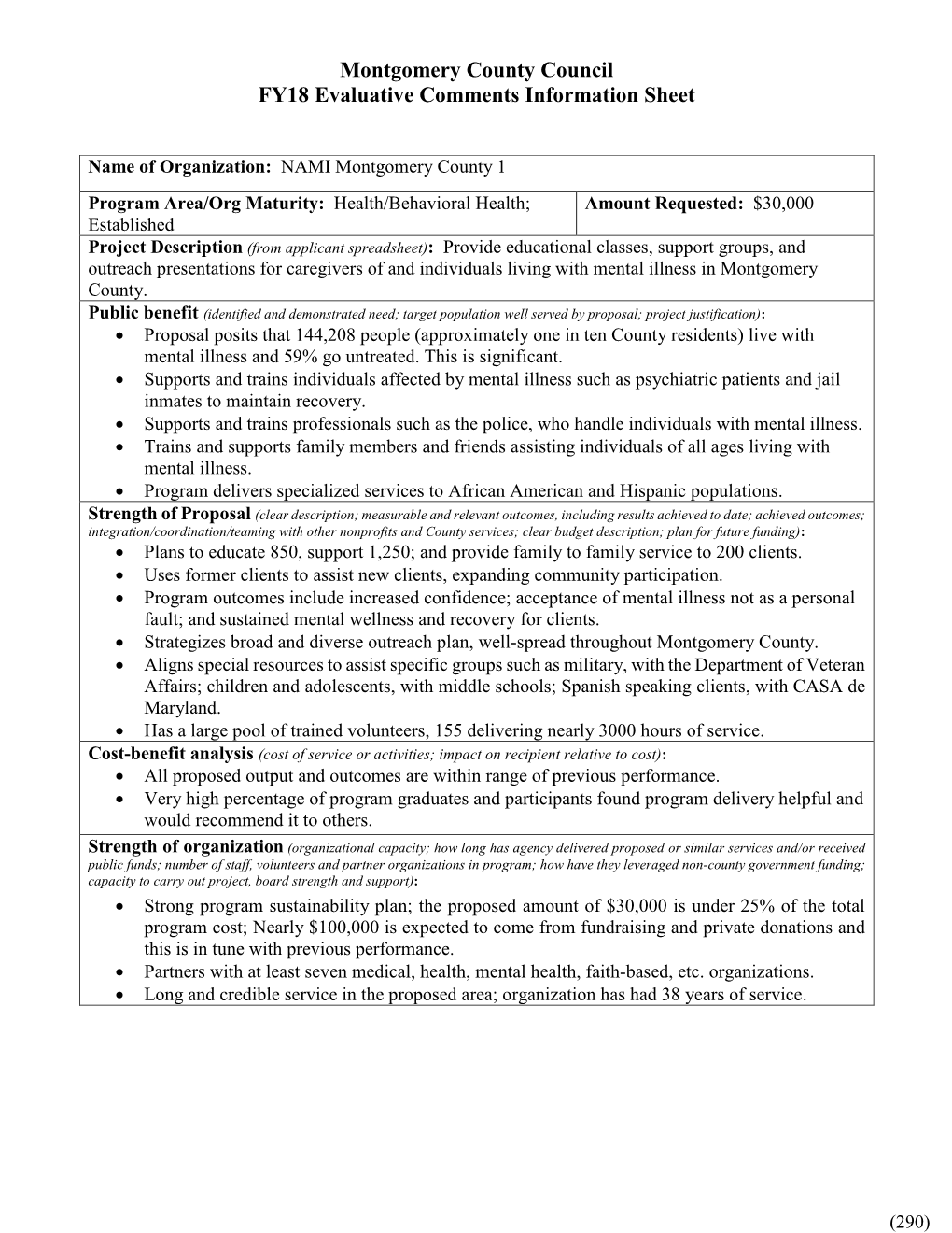 Montgomery County Council FY18 Evaluative Comments Information Sheet