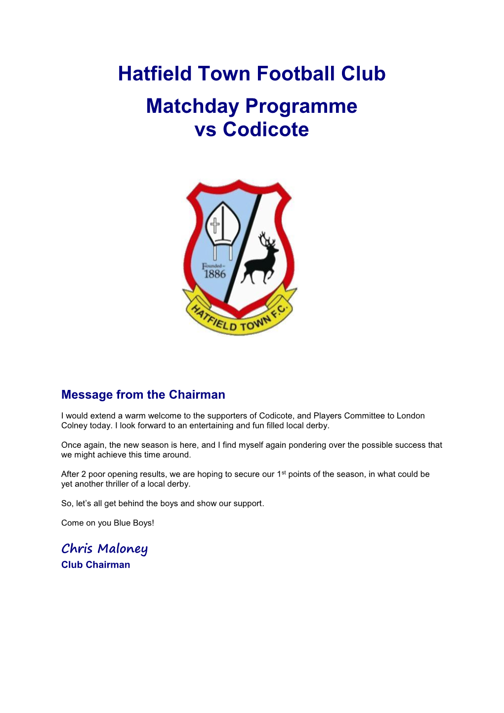 Hatfield Town Football Club Matchday Programme Vs Codicote