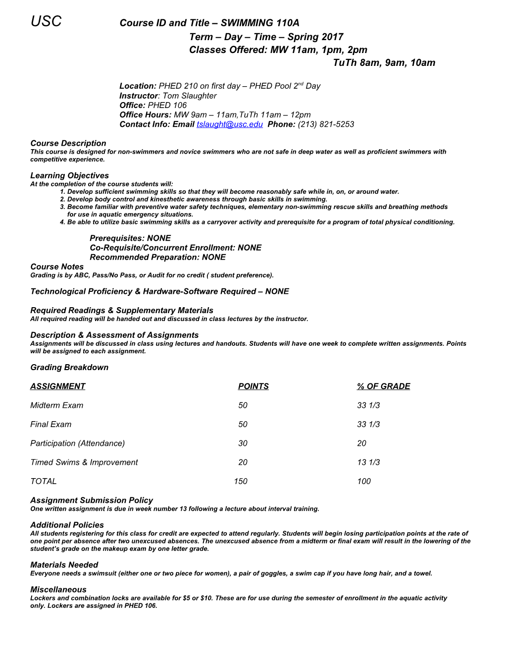 USC Course ID and Title SWIMMING 110A