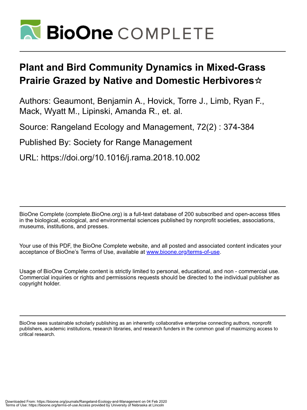 Plant and Bird Community Dynamics in Mixed-Grass Prairie Grazed by Native and Domestic Herbivores☆