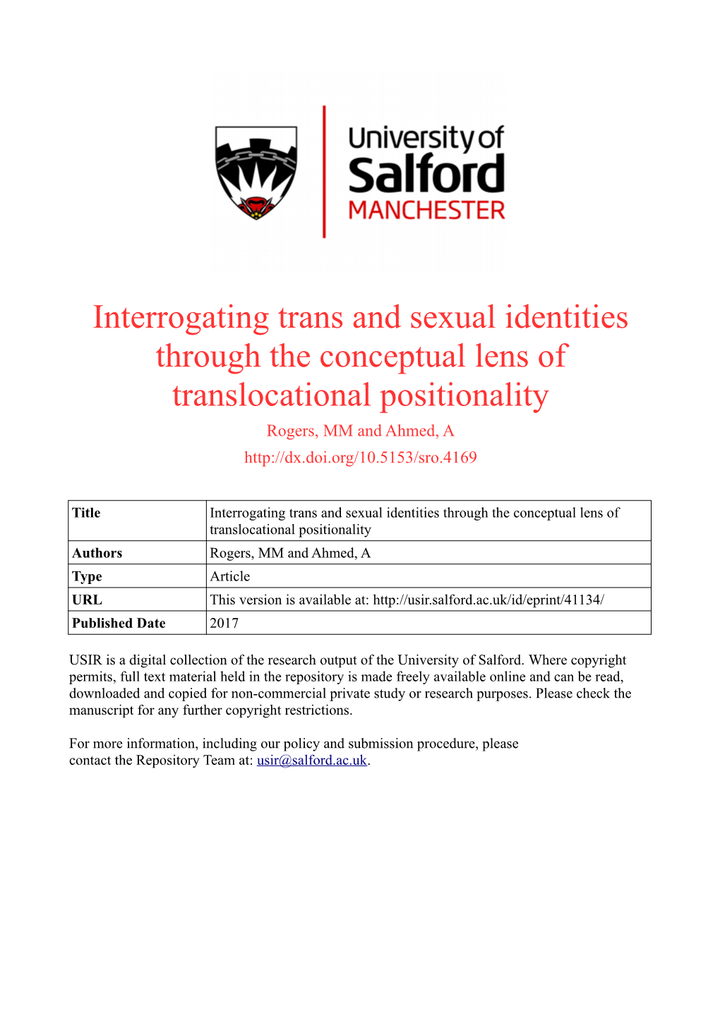 Interrogating Trans and Sexual Identities Through the Conceptual Lens of Translocational Positionality Rogers, MM and Ahmed, A