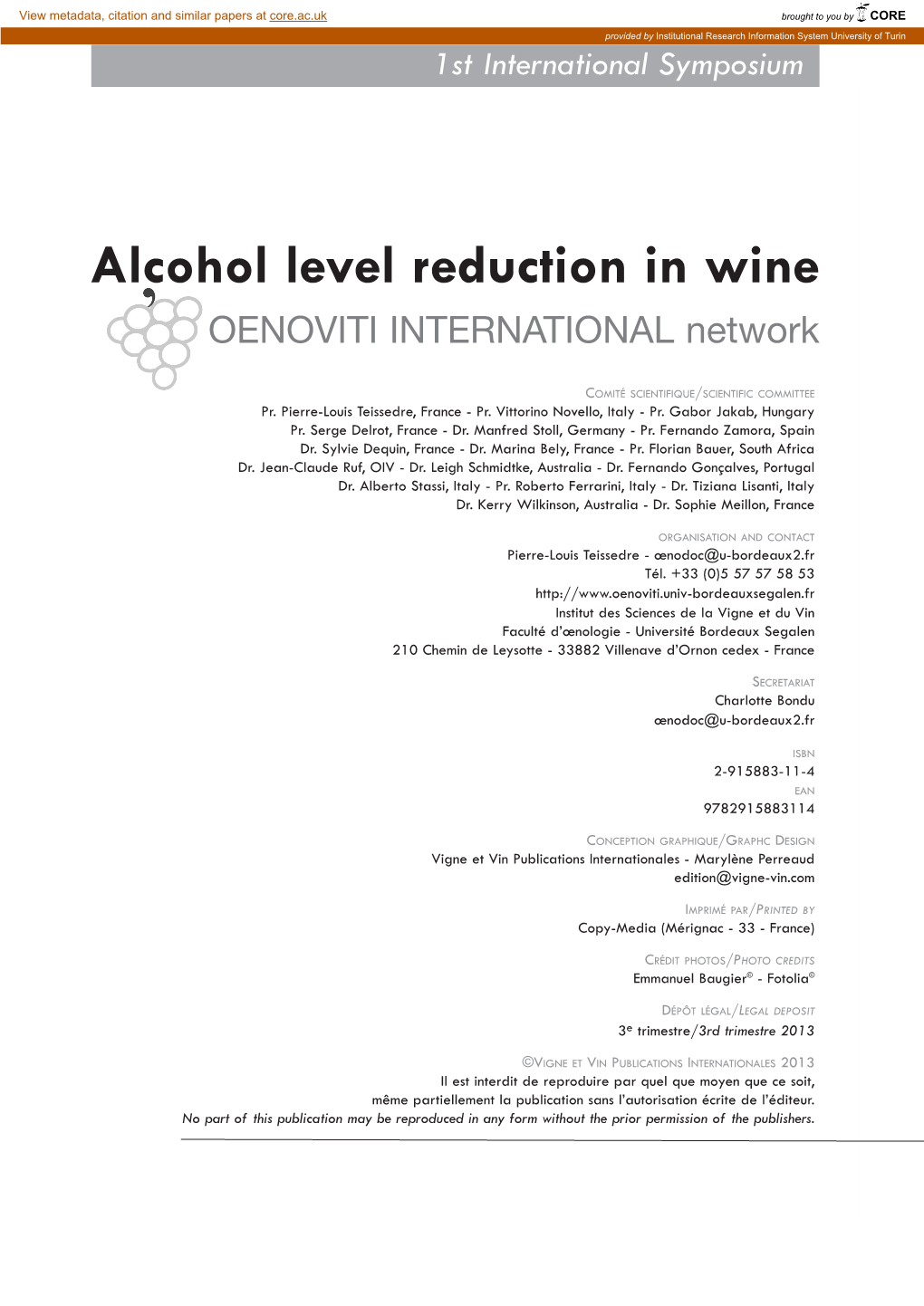 Alcohol Level Reduction in Wine OENOVITI INTERNATIONAL Network