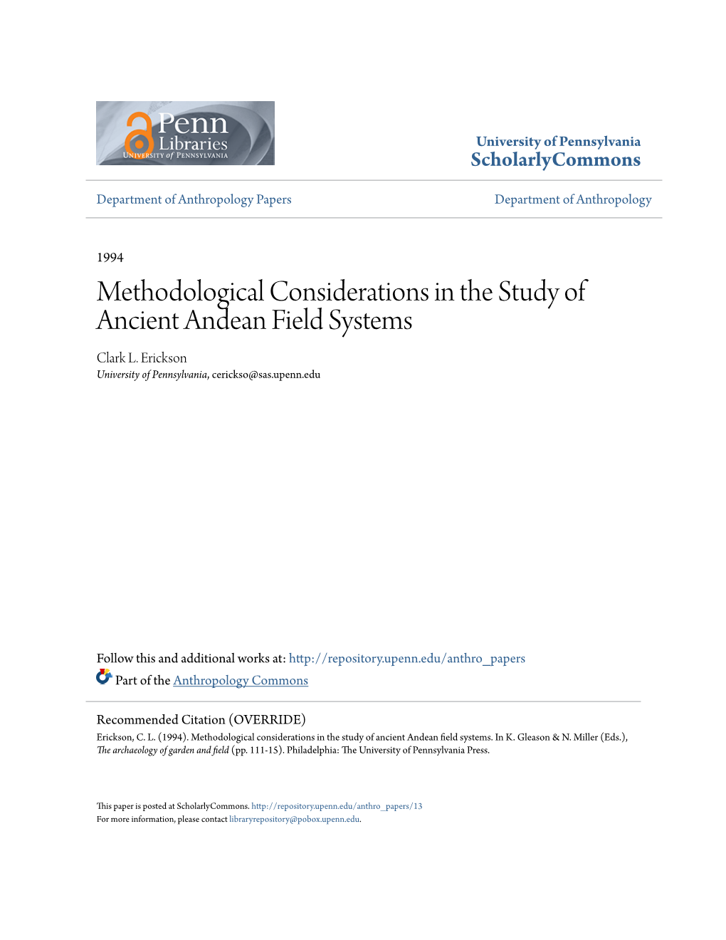 Methodological Considerations in the Study of Ancient Andean Field Systems Clark L