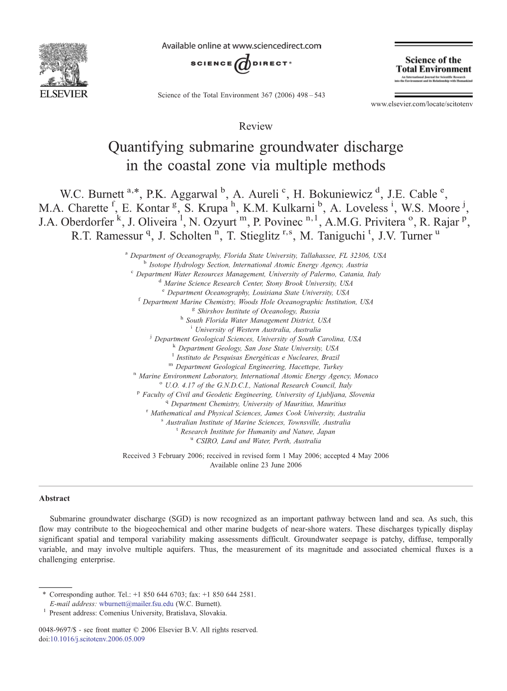 Quantifying Submarine Groundwater Discharge in the Coastal Zone Via Multiple Methods ⁎ W.C