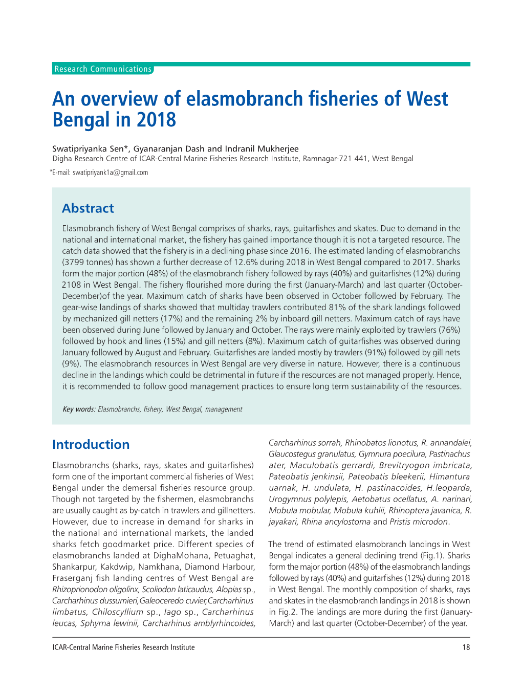 An Overview of Elasmobranch Fisheries of West Bengal in 2018