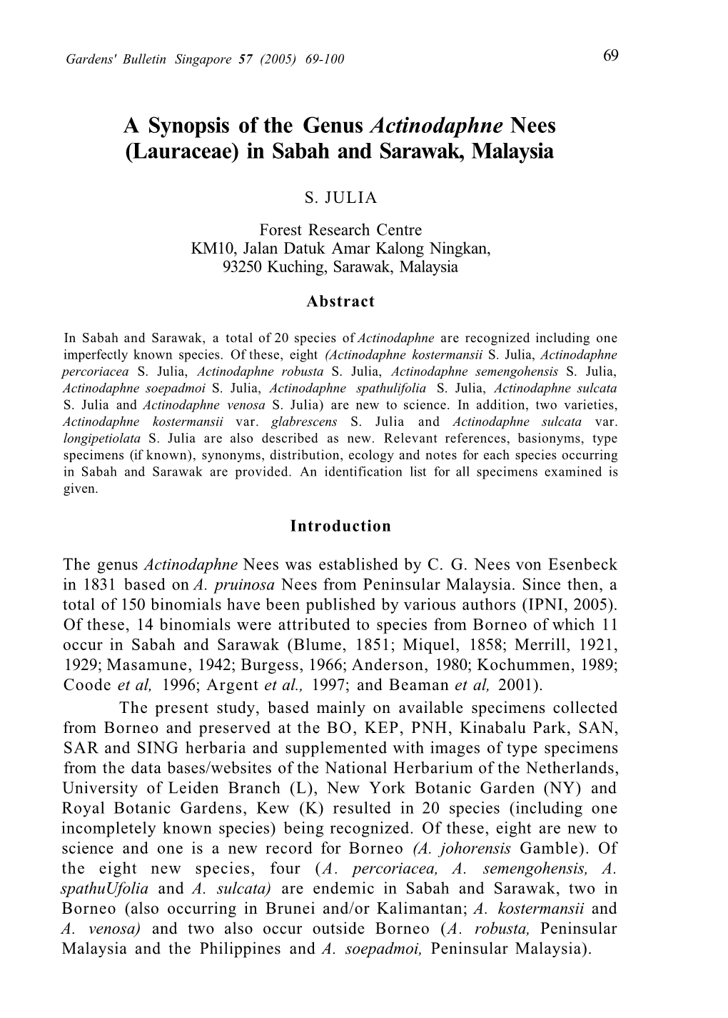 A Synopsis of the Genus Actinodaphne Nees (Lauraceae) in Sabah and Sarawak, Malaysia