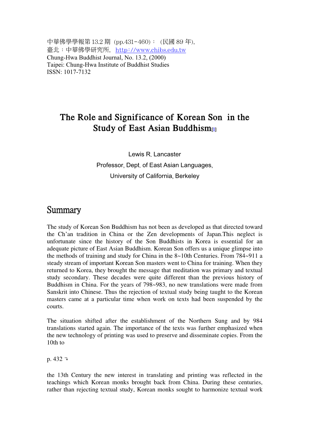 The Role and Significance of Korean Son in the Study of East Asian Buddhism[1]
