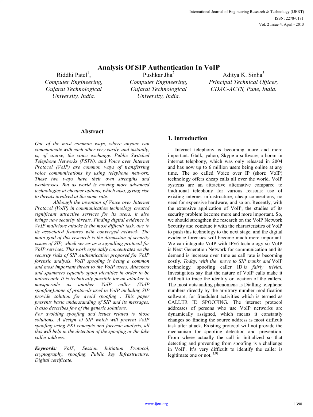 Analysis of SIP Authentication in Voip Riddhi Patel1, Pushkar Jha2 Aditya K