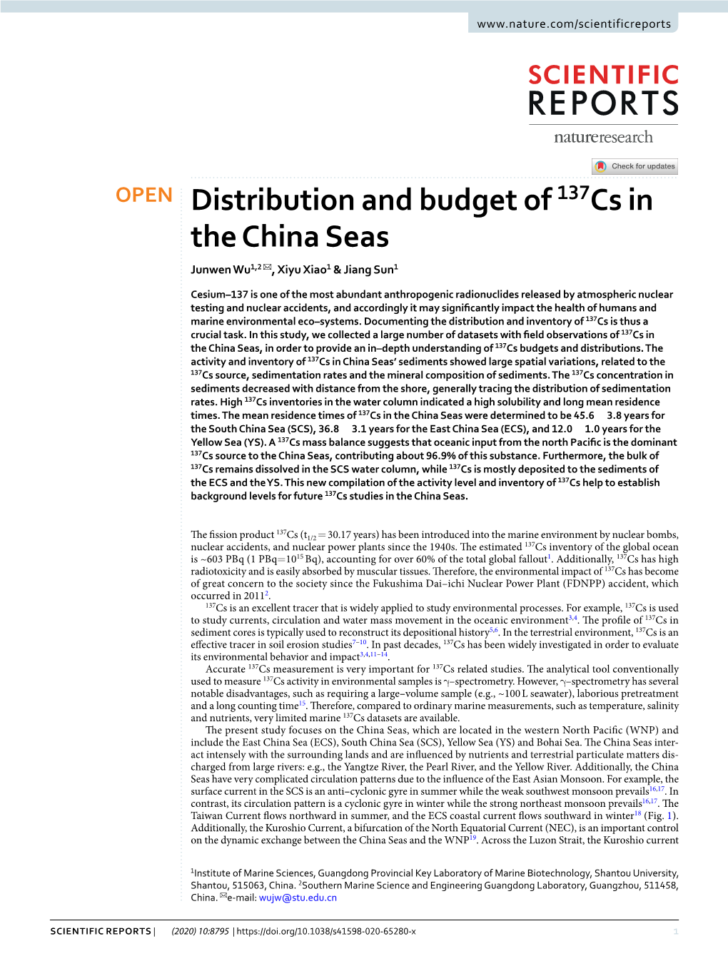 Distribution and Budget of 137Cs in the China Seas Junwen Wu1,2 ✉ , Xiyu Xiao1 & Jiang Sun1