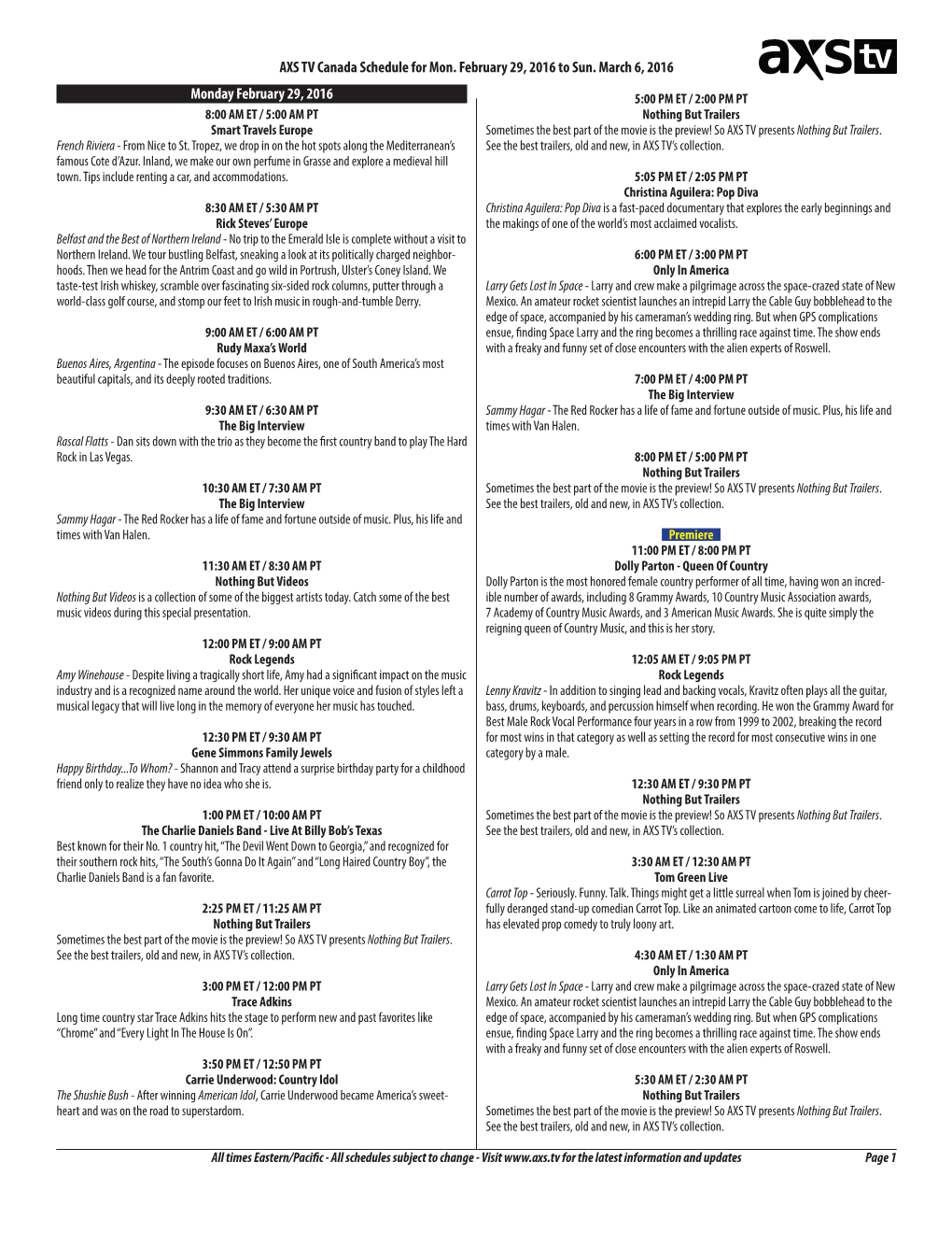 AXS TV Canada Schedule for Mon. February 29, 2016 to Sun. March 6, 2016