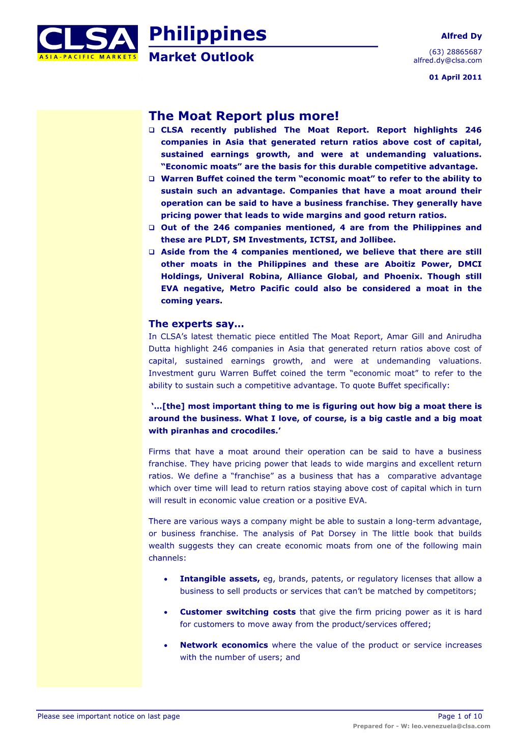 The Moat Report Plus More! Q CLSA Recently Published the Moat Report