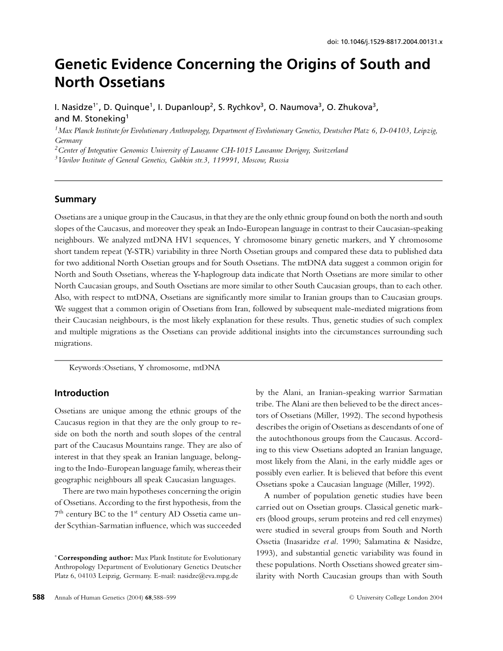 Genetic Evidence Concerning the Origins of South and North Ossetians