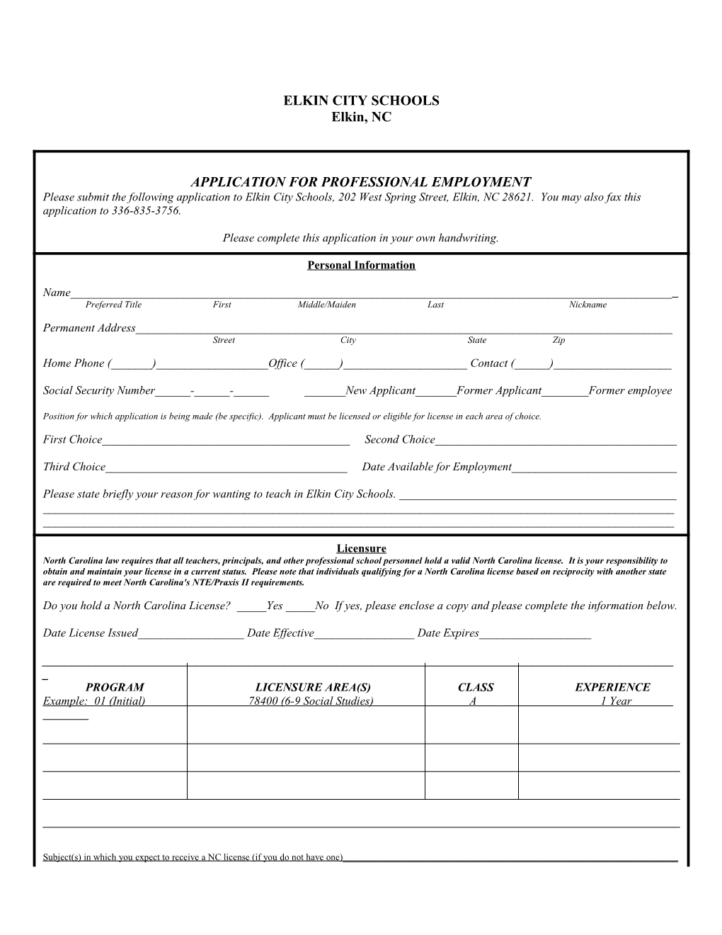 Application for Professional Employment