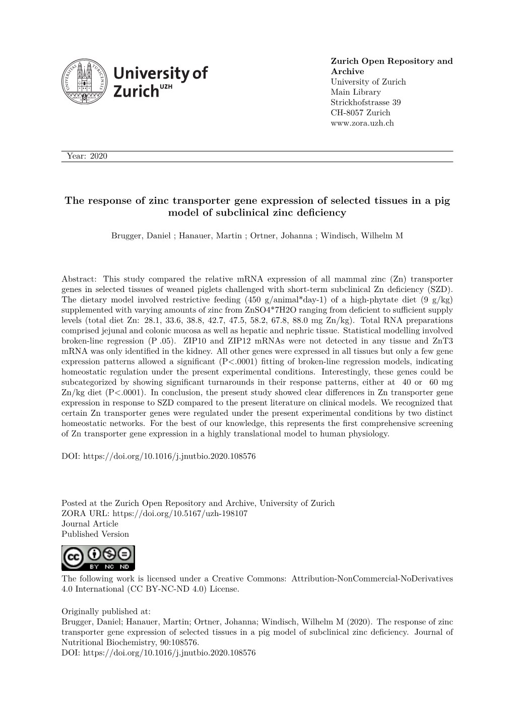 The Response of Zinc Transporter Gene Expression of Selected Tissues in a Pig Model of Subclinical Zinc Deficiency