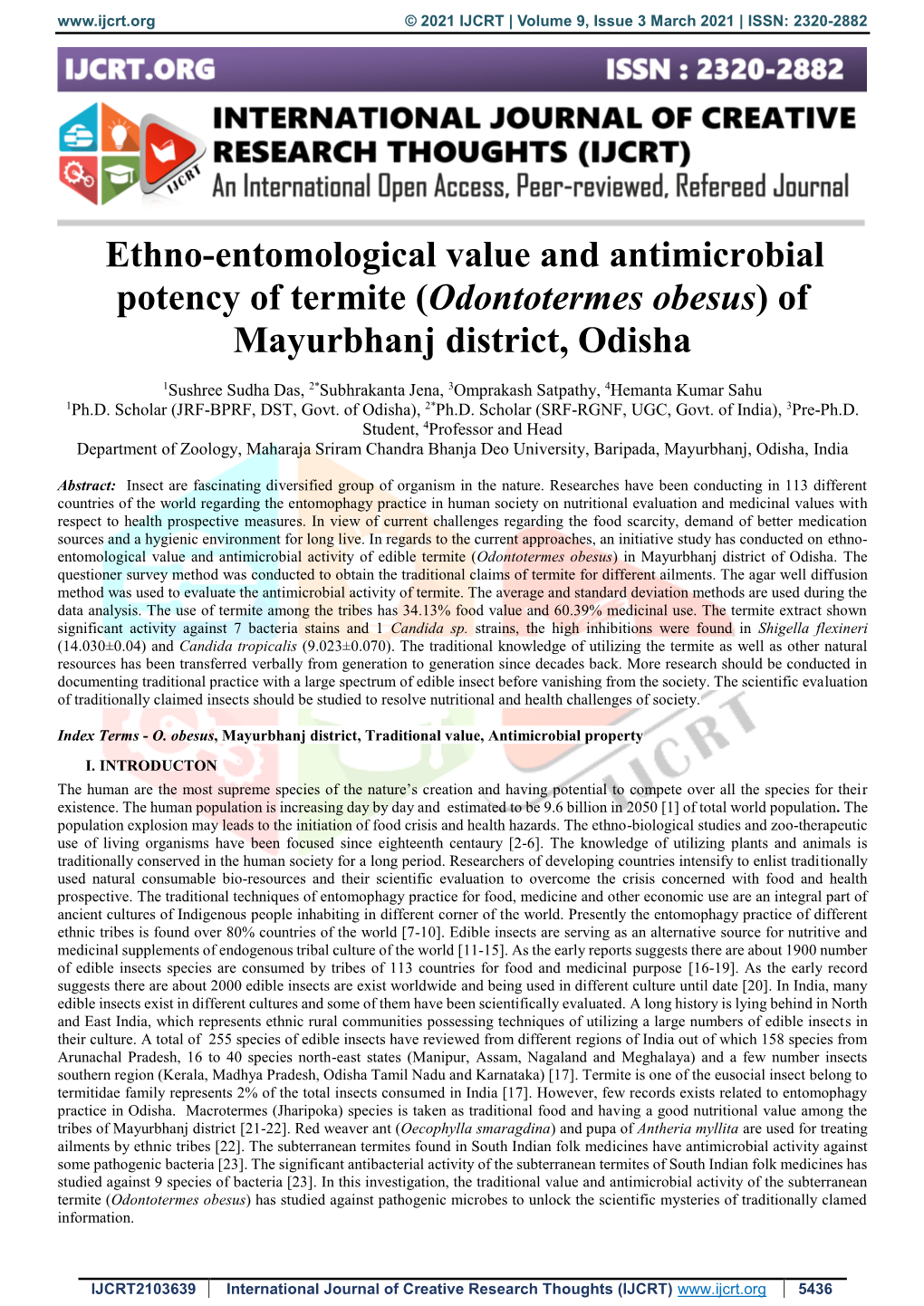Ethno-Entomological Value and Antimicrobial Potency of Termite (Odontotermes Obesus) of Mayurbhanj District, Odisha