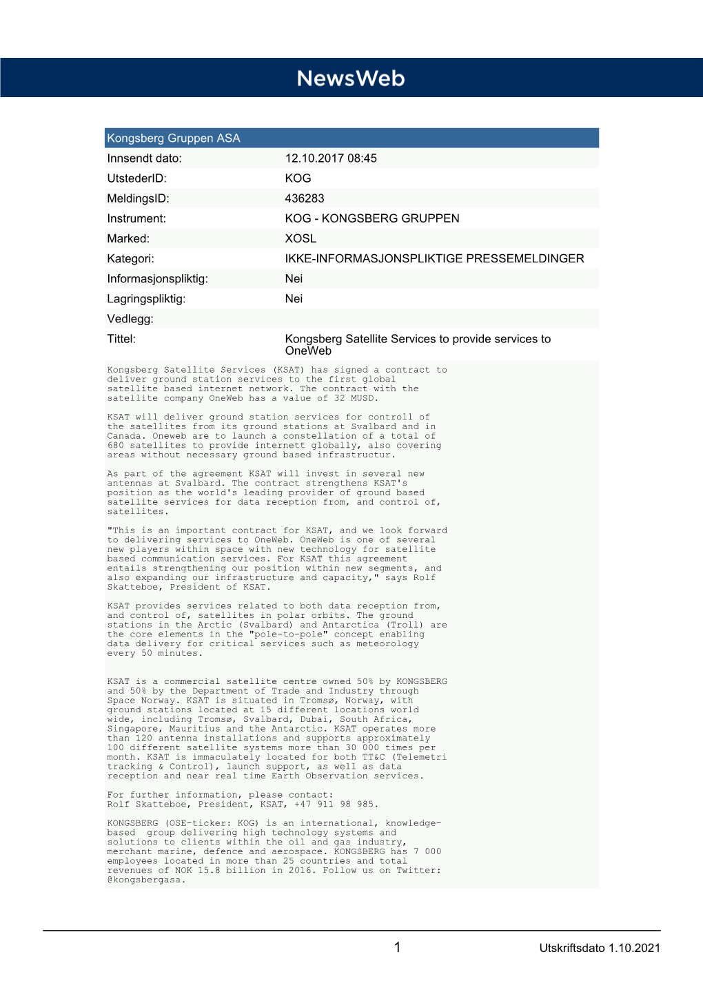 Utskriftsdato 25.8.2021 Kongsberg Gruppen ASA Innsendt Dato: 12.10